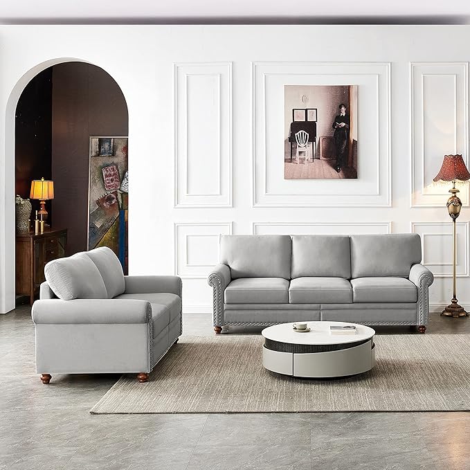 Sofa Set of 2 2+3 Seats Living Room Sofa Set: Loveseat and Three-Seat Sofa Chesterfield Style Nailhead Trim Rolled Arms 2 Piece for Apartment Office Grey