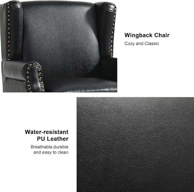 Floral High Back Accent Chair Upholstered Armchair with Solid Wood Legs Comfy Wingback Reading Single Sofa Chair for Small Spaces Living Room Bedroom(Leather Black Set of 2)