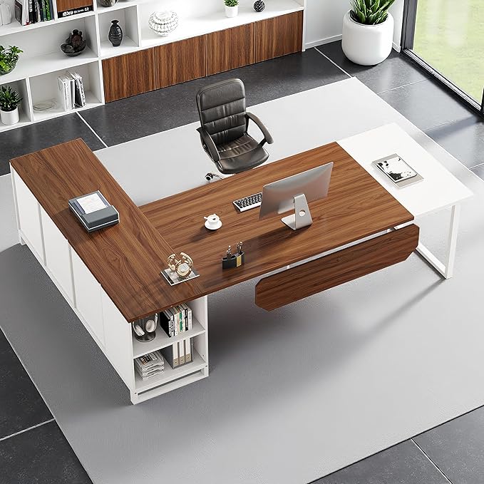 Oigavfd 70.8 L Shape Executive Desk with File Cabinet and Printer Stand L Shaped Computer Desk with Storage and Metal Frame Corner Desk for Home Office (Walnut White)
