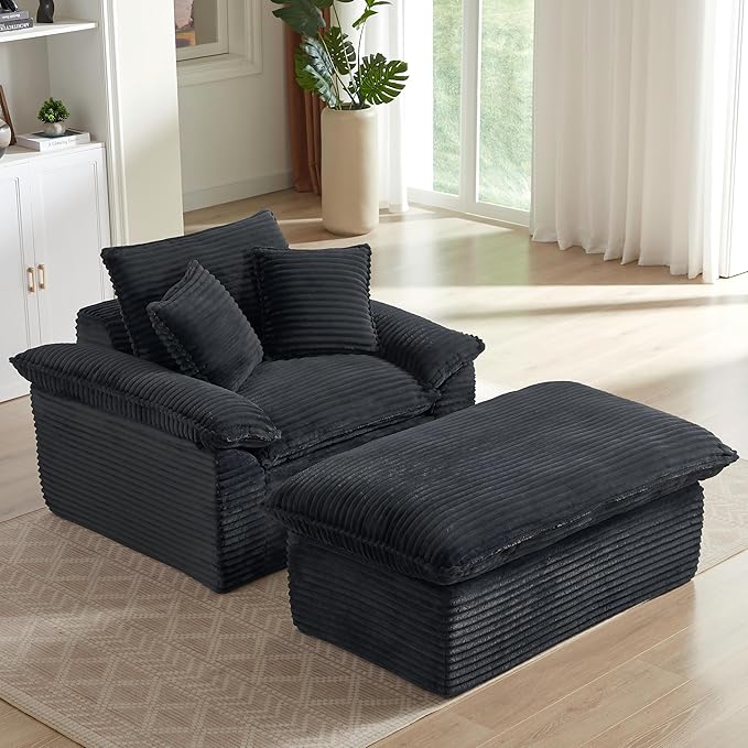 70 Inch Corduroy Chaise Lounge Indoor - Oversized Convertible Sofa with Ottoman &amp Throw PillowsNo Assembly for Living Room &amp Small SpacesDark Grey