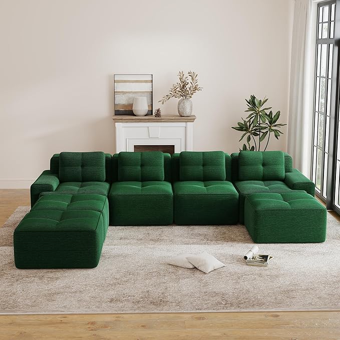 Hommoo Oversized Modular Sectional Sofa 7 Seat Sleeper Sofa Bed Comfy Corduroy Couch with Deep Seat 153”Convertible Boneless Couch with Ottoman for Living Room No Assembly Required Green