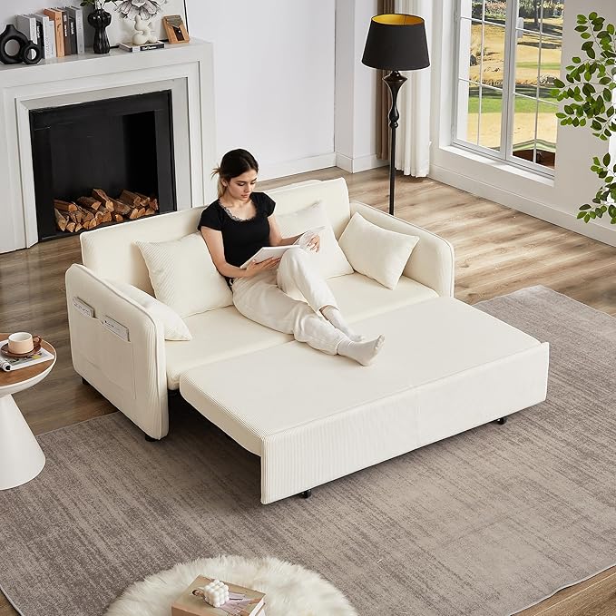 Ball &amp Cast 66 Convertible Sofa Bed3-in-1 Corduroy Loveseat Sleeper Pull Out Couch Bed with Pillows and Side Pockets Deep Seat Comfy Sofa Couches for Living RoomApartmentBeige