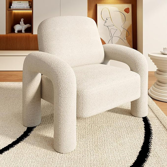Modern Sherpa Accent Chair Teddy Upholstered Arm Single Sofa Cozy Fluffy Reading Chair for Living Room Bedrooms Corner (Cream White)
