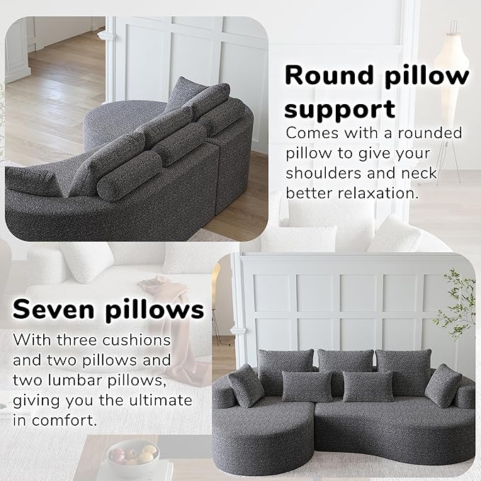 105 Boneless Chenille Upholstered Oversized Sofa Sectional 4-Seater 29.8 Deep Seat Curved Cloud Couch with 7 Pillows Free Combination Sofa Couch for Living Room (Grey 105 Left Lounge)