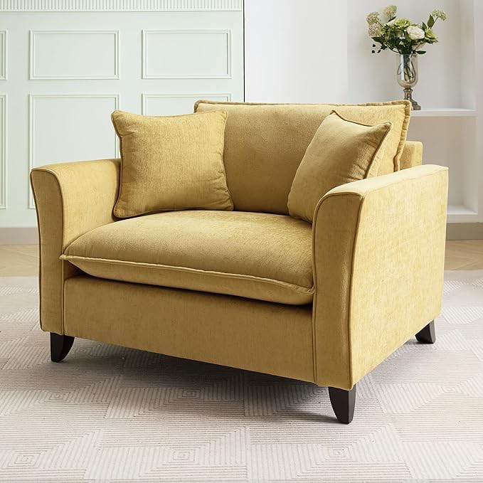 Oversized Accent Chair Chenille Fabric Armchair with Pillow Comfy Single Sofa with 46.3 Wide Seat Cushion Rubberwood Legs Elegant Ruffled Armrests Lounge Chair for Living Room Office (Yellow/45)