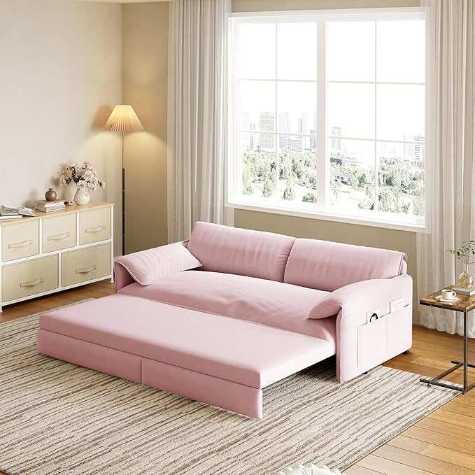 healthomse 66 Queen Size Sleeper Sofa Bed 3-in-1 Convertible Pull Out Sofa Bed with Side Storage Modern Velvet Loveseat for Living Room Bedroom Apartment Office Lounge (Dark Pink 66inch)