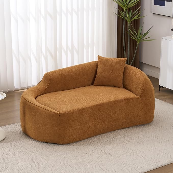 68 Curved Loveseat Sofa Modern Chenille Floor Couch with Pillow No Assembly Deep Seat Chaise Lounge for Bedroom Apartment Living Room Caramel