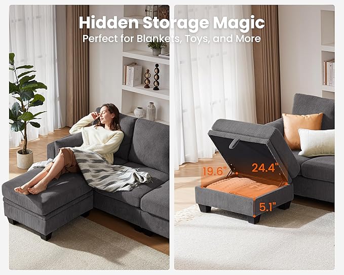 CHIC HOUSE Middle Module for Modular Couch Corduroy Customizable Chaise Storage Ottoman for Sectional Sofa Armrest Single/Double Seater