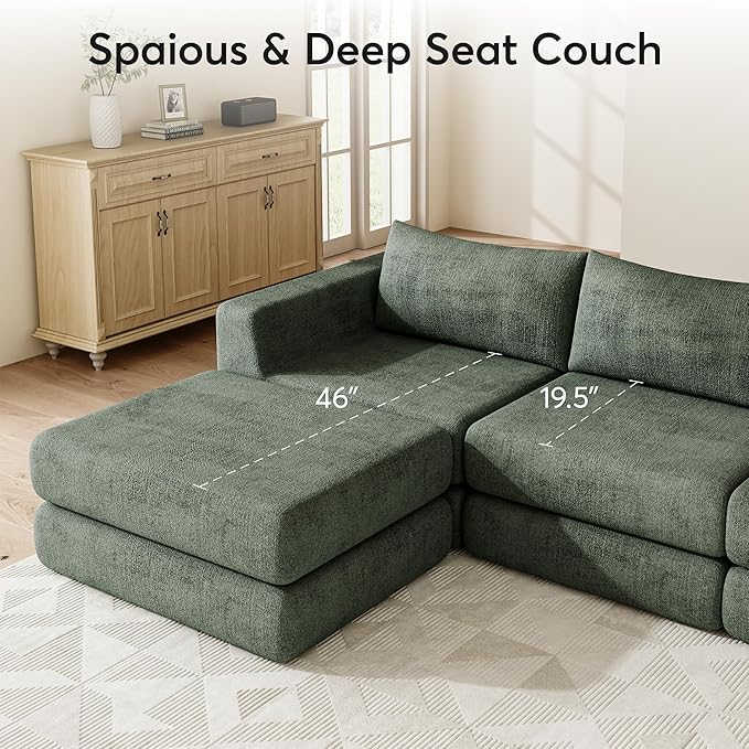 Cloud Boneless Modular Sectional Sofa 95.5 Modern Chenille Couch for Living Room Convertible L-Shaped Sleeper Sofa Bed with Ottoman Deep Seat Cloud Couch Sectional No Assembly Required Green