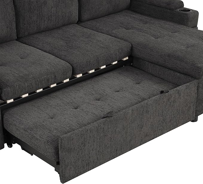 Versatile L-Shaped Sofa Couch Convertible Sofa Bed Chenille Fabric Sectional Sofa with Reversible Chaise Lounge Storage Space 2 Cup Holders and Two USB Ports for Living Room (Black-2C)
