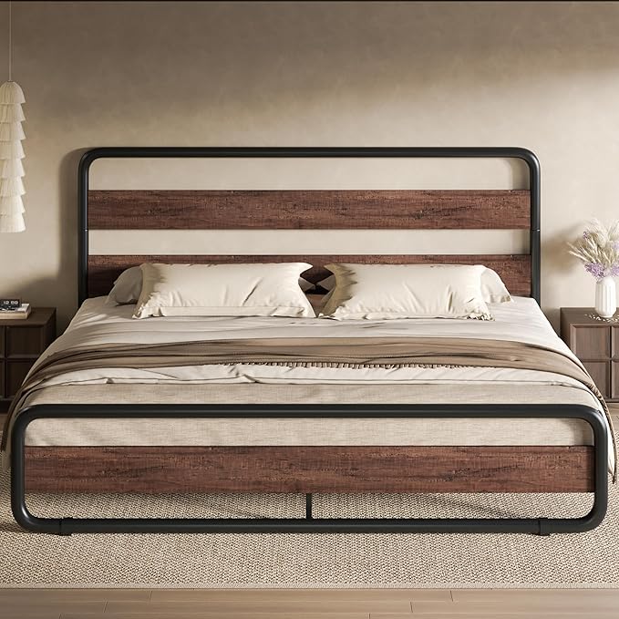 SHA CERLIN King Size Metal Bed Frame with Wooden Headboard and Footboard Heavy Duty Platform Bed Frame with 10 Under-Bed Storage Noise-Free No Box Spring Needed Mahogany