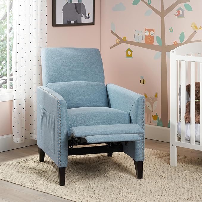 Mid-Century Fabric Rocker Recliner Chair with Tufted Design Adjustable Single Recliner Sofa with Thicker Seat Cushion with Pocket for Living Room Bedroom Apartment (Light Blue Style2)