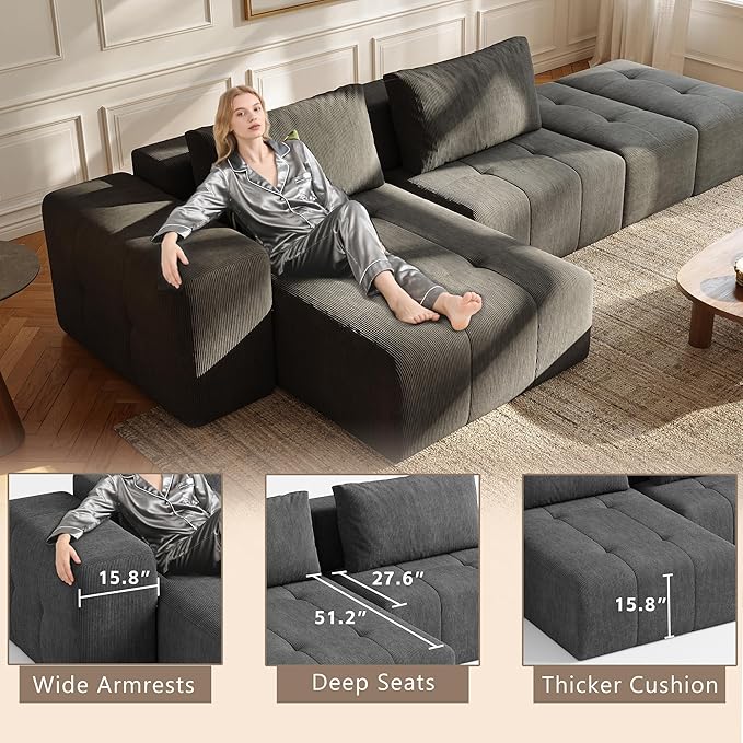 wanan 141 Boneless Couch for Living Room Oversize Cloud Sectional Sofa with Deep Seat L Shaped Modern Cloud Sleeper Sofa Bed with Chaise Dark Grey