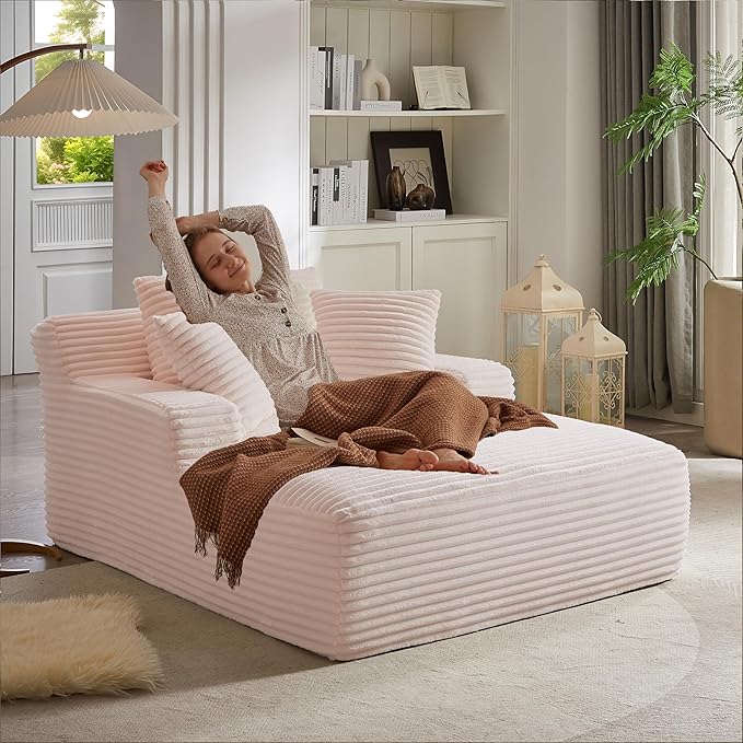 50 Inch Oversized Chaise Lounge Chair Corduroy Upholstered Sleeper Sofa Bed with Spring Cushion No Assembly Lazy Boneless Chaise Lounge for Bedroom Office Pink