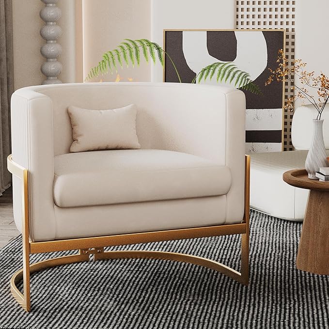 Alunaune Upholstered Velvet Accent Chair Barrel Chairs Modern Living Room Armchair Mid Century Lounge Chairs Sofa Tub Bucket Club Chair for Bedroom-Ivory