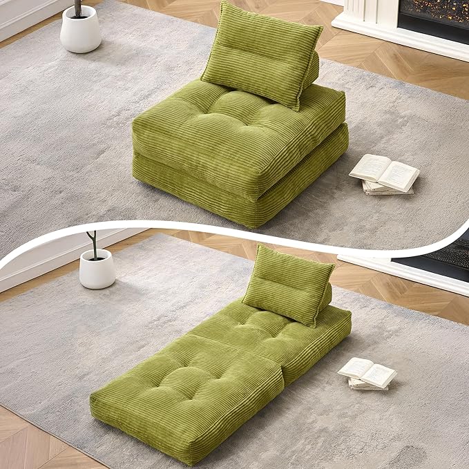 Folding Sofa Bed Fold Out Chair Bed with Pillow Convertible Sleeper Chair for Living Room/Small Spaces Foldable Lazy Sofa Bed Floor Chair Comfy Corduroy Couch Bed Pistachio Green