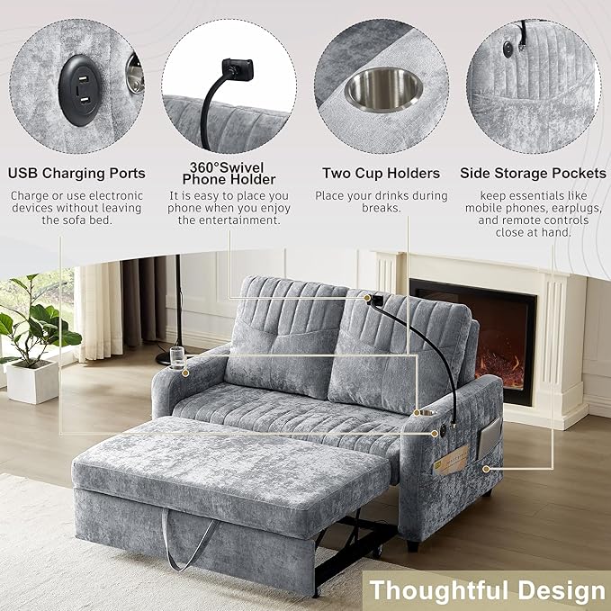 Modern Loveseat Pull-Out Sofa Bed Chenille Sleeper Sofa Couch with Adjustable Backrest 2 Cup Holders Phone Holder 3 Charging Ports and Side Storage Pockets for Living Room (Grey)
