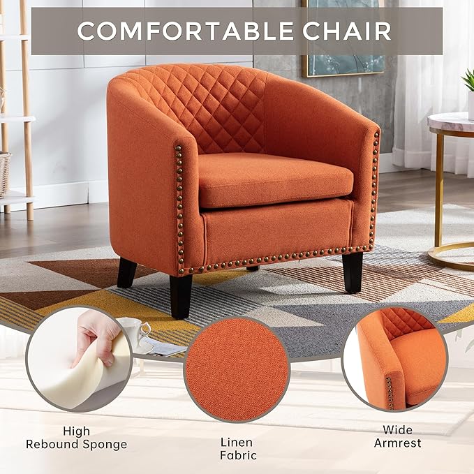 Artificial leather sofa chair barrel-shaped armchair side chair nail head decoration and diamond net backrest suitable for living room bedroom waiting room office and reading chair. (Orange)