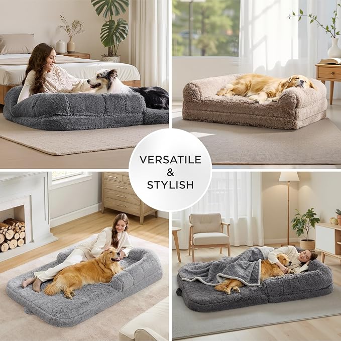 Bedsure Foldable Human Dog Bed -Giant Dog Bed for Adult People with Supportive Bolster Egg Foam Waterproof Liner Calming Fluffy Faux Fur Orthopedic Big Bean Bed Light Grey