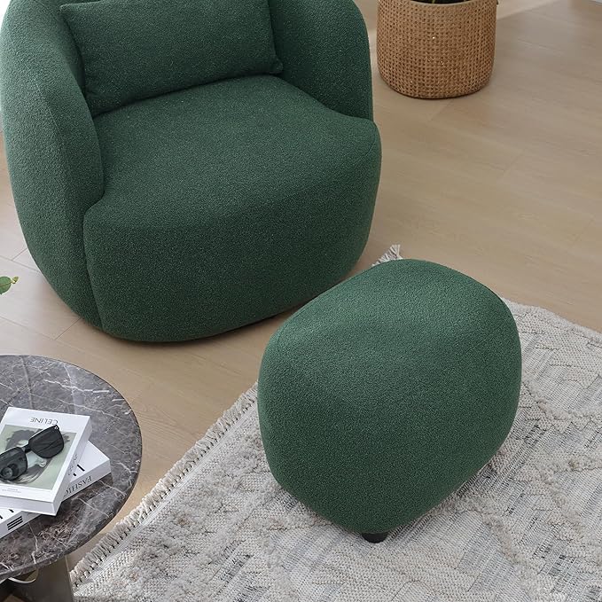 KINWELL 34 Wide Boucle Swivel Barrel Chair with 23 Ottoman Set Fully Assembled Set of Sherpa Accent Chair and Footrest Modern Comfy Armchair and Footstool for Living Room and Bedroom Green