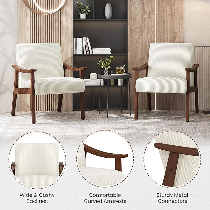Yaheetech Corduroy Accent Chair Mid-Century Modern Armchair with Solid Wood Legs Reading Leisure Chair with High Back for Living Room Bedroom Waiting Room Set of 2 Beige