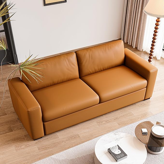 82.7 Inch Retro Orange Leather Couch Loveseat with Square Arm Mid Century Modern Comfy Compact 3-Seat Upholstered Sectional Sofa for Living Room Office and Small Space