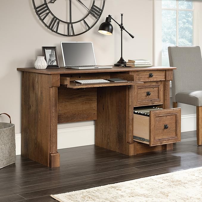 Sauder Palladia Computer Desk with Drawers Home Office Desk with File Cabinet Storage Drawer Cable Management Keyboard Tray in Vintage Oak finish