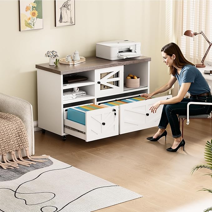 Lockable 2-Drawer Lateral File Cabinet with Open Storage Shelves Rolling Filing Cabinet for Home Office Holds Letter/Legal/A4 Files Heavy Duty Mobile File Cabinet White and Brown