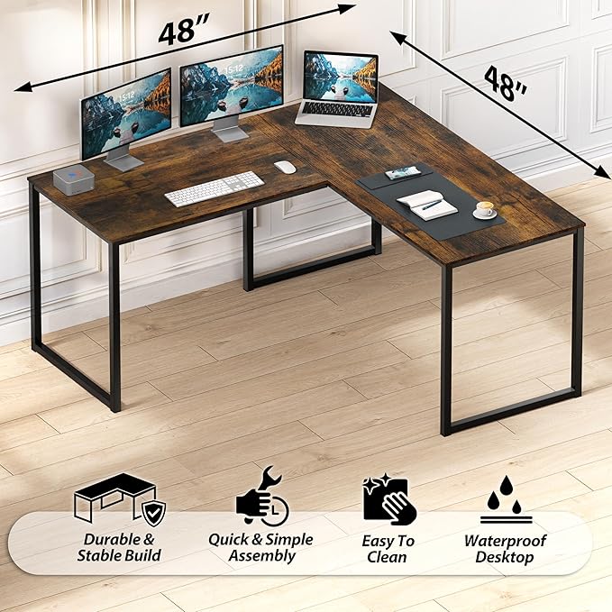 SHW Mission 48 x 48 Inches L-Shape Home Office Computer Desk Rustic Brown