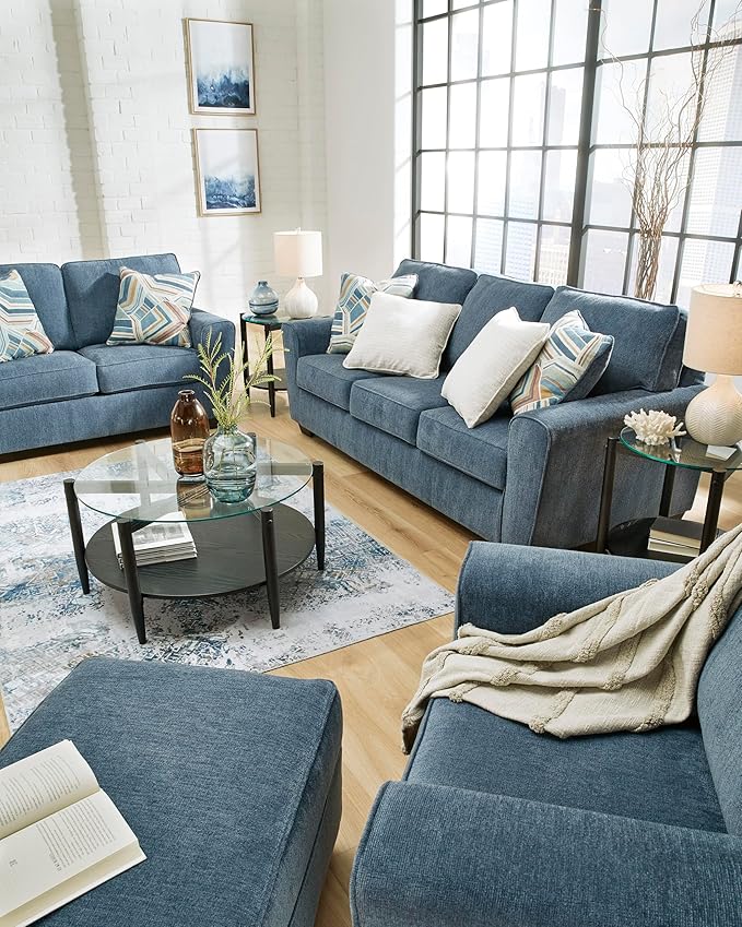 Signature Design by Ashley Cashton Contemporary Loveseat Exposed Feed With Faux Wood Finish Accent Pillows Fabric Upholstery 63 W x 38 D x 39 H Blue