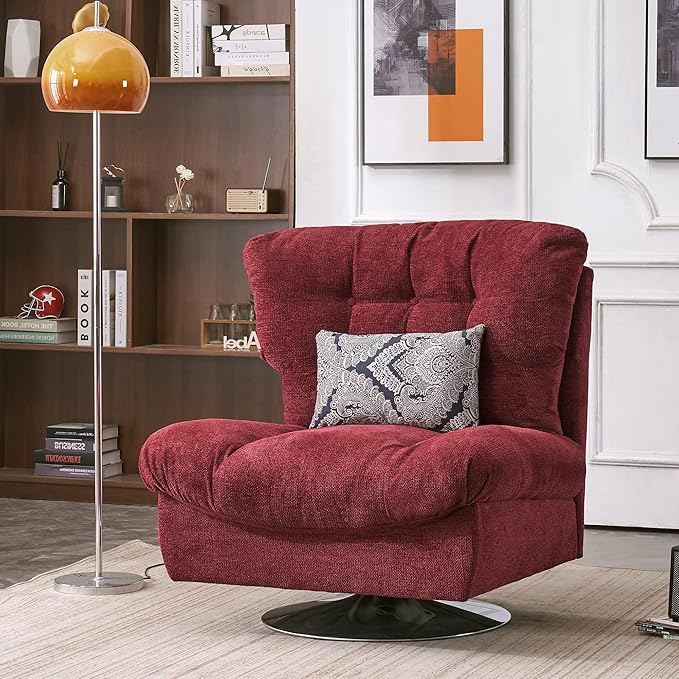 MCombo Swivel Accent Chair Modern Tufted Upholstered Armless Chairs Wide Seat Single Sofa Chair for Living Room Bedroom LW753 (Burgundy)