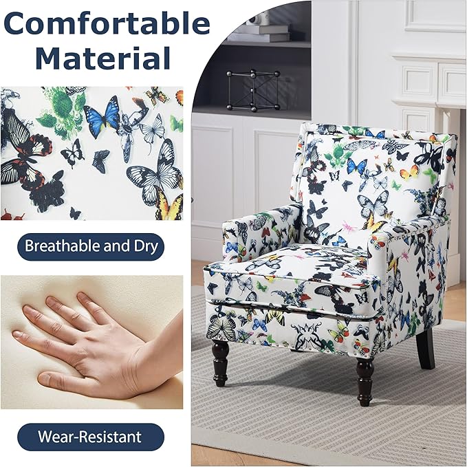 Accent Chair Modern Comfy Mid-Century Accent Chairs Linen Upholstered Wingback Lounge Arm Chair with Solid WoodSingle Floral Pattern Sofa Chair for Living Room/Office/Balcony/Bedroom