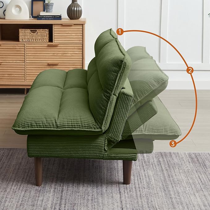 Convertible Futon Sofa Bed 72 Loveseat Couch with 3-Level Adjustble Backrest Modern Futon Loveseat Sofa for Small Spaces Green
