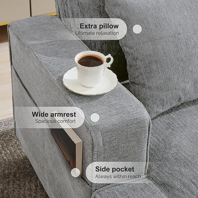 89 3-Seater Sofa Couches for Living Room with Deep Seats Mid Century Modern Chenille Sofa with Armrests Comfy Sofas for Living Room Bedroom Apartment Office Pewter