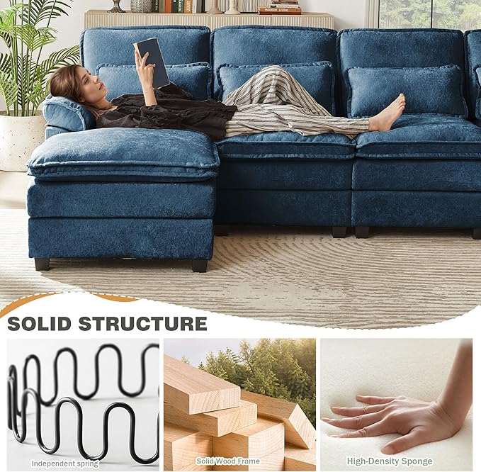 112 Modular Sectional Sofa U Shaped Comfy Cloud Couch with Double Chaise and Padded Armrests Modern Deep Seat Sectional Couches for Living Room Apartment Office Dark Blue
