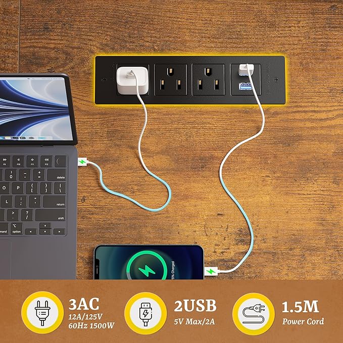 Computer Desk with 0.95 Inch Thicker Desktop &amp Monitor Stand &amp Storage Bag Office Desk with Power Outlets Gaming Desk with LED Light Writing Desk for Home Office Study Bedroom Brown