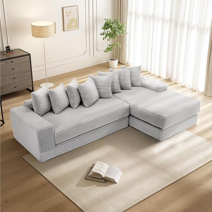 110 Boneless Couches for Living Room Cloud Modular Sectional Sofa Bed Customizable Convertible Sleeper Sofa Plush Corduory Folding Futon Floor Couch No Assembly(Light GreyRight)
