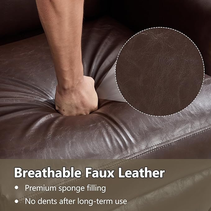 Manual Recliner Chair Faux Leather Push Back Recliners with Vibration Massage Lumbar Heat Living Room Single Sofa Reclining Rivet Design Chair Red Brown