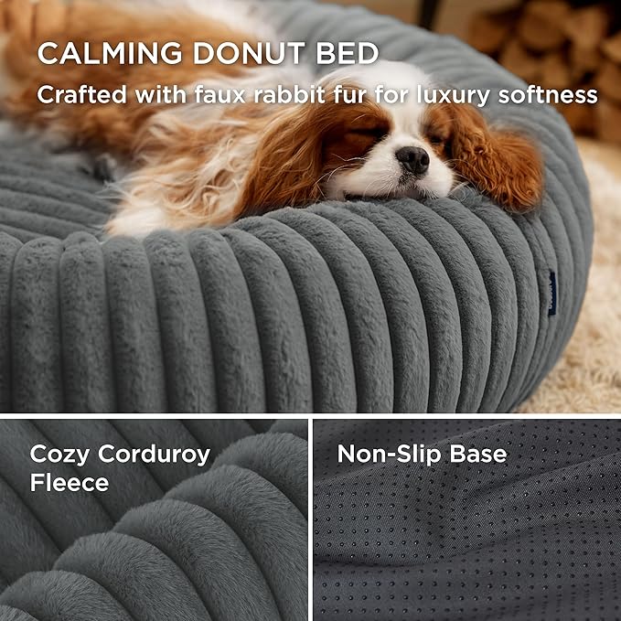 Bedsure ComfyFleece™ Donut Small Dog Bed - Dog Beds for Small Dogs with Corduroy Fleece &amp Anti Slip Bottom Round Faux Fur Pet Beds with Washable Removable Cover Warm Grey 23x23x7 inches