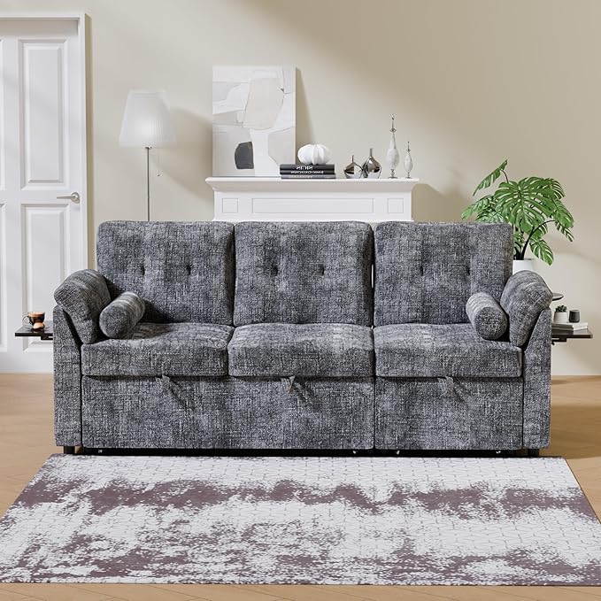 Convertible Queen Sofa Bed 63 Inch Chenille Pull Out Couch with Side Table 3 Seat Pull Out Sofa Bed with Level Adjustable Backrest Comfy Sleeper Sofas for Living Room Apartment Gray