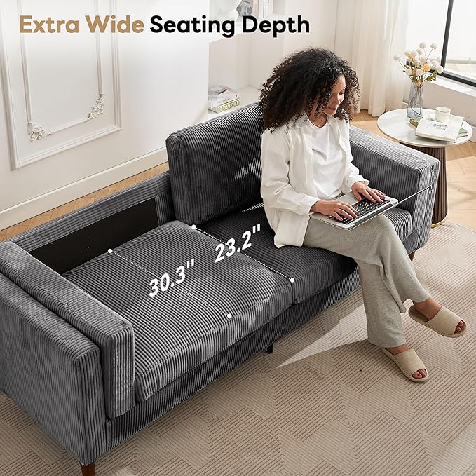 Tbfit 85 Corduroy Couch for Living Room 3 Seater Mid Century Modern Sofa with Spring Cusions &amp Extra Deep Seat for Bedroom Small Comfy Upholstered Couches Easy Assembly with Solid Wood Legs Gr