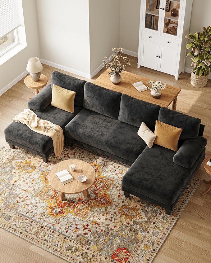 U-Shaped Sectional Couches for Living Room | Cheille Sofa with Double Chaise | 112 Inch Black Sectionals Couch for Apartment