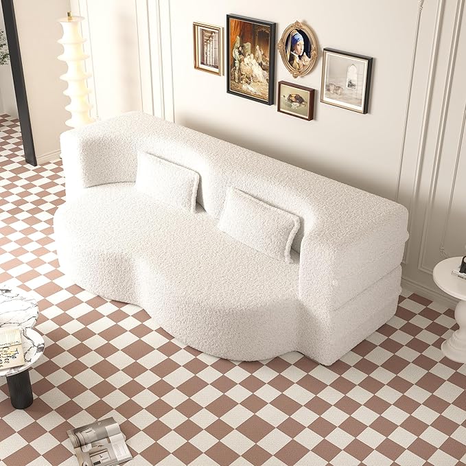 Hommoo Convertible Sleeper Sofa Bed Futon Sofa Folding Mattress Couch Full Size Teddy 2 in 1 Compression Floor Lounge Couch High Density Foam for Living Room/Guest Room/Apartment Beige