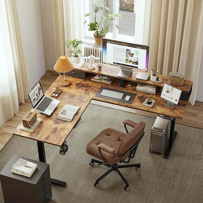 Agilestic L Shaped Electric Standing Desk with 2 Drawers 63 Inch Ergonomic Adjustable Height Desk with Storage Corner Desk Sit Stand up Computer Table for Work Office Home Rustic Brown