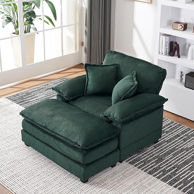 46.9 W Oversized Chair with Ottoman Corduroy Upholstered Chaise Lounge Chair Indoor Reading Chairs Sofa Couche Oversized Comfy Chairs for Living Room Bedroom (Corduroy Green)