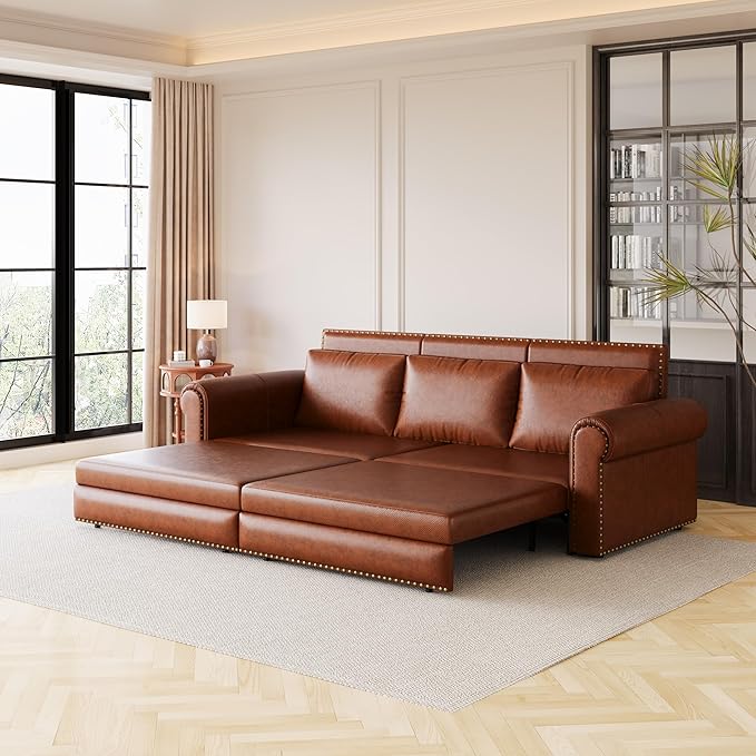 JOYBASE Pull Out Sofa Bed King-Size Convertible Sleeper Sofa Modern 3-Seater Faux Leather Couch with Nailhead for Living Room Office Apartment (Light Brown)