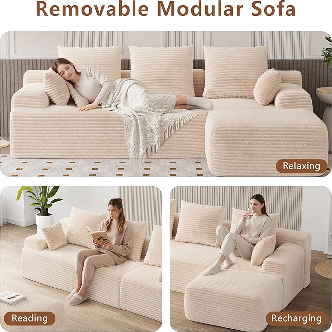 Boneless Couch Cloud Couch Sectional 106 L-Shape Modular Sectional Sofa with Ottoman Corduroy Sofa for Living Room Bedroom No Assembly Required Beige