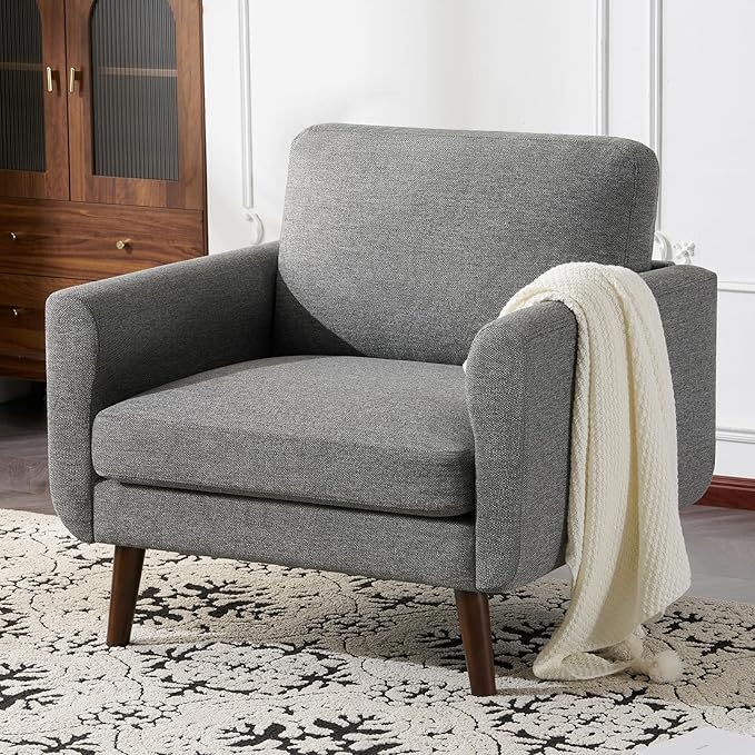 ELUCHANG Accent Chair Set of 1 Oversized Mid Century Modern Arm Chair Soft Linen Fabric Sofa Chairs Upholstered Comfy Chair for Living Room Bedroom Apartment (Grey)