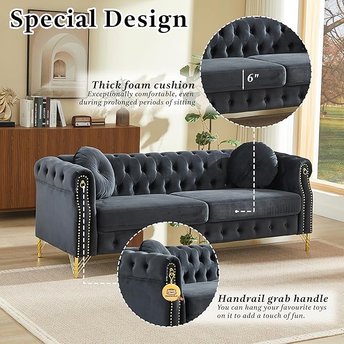ERYE 82-Inch Button Tufted Sofa Couch with 2 Round Pillows 3 Seat Velvet Tufted Sofa Spacious Chesterfield Loveseat Couches W/Nailhead DecorRing Accent &amp Golden Legs