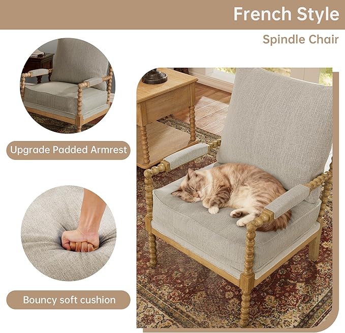 Morden Fort Linen Fabric Spindle Accent Chair with Wood Frame French Style Accent Chairs with Padded Spring Seat and Armrest Pads Brushed Base for Living Room Bedroom Farmhouse Office Balcony(Beige)